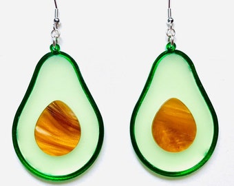 Green Avocado Acrylic Earrings, Food Statement Earrings, Vegetable Earrings Pierced or Clip-on