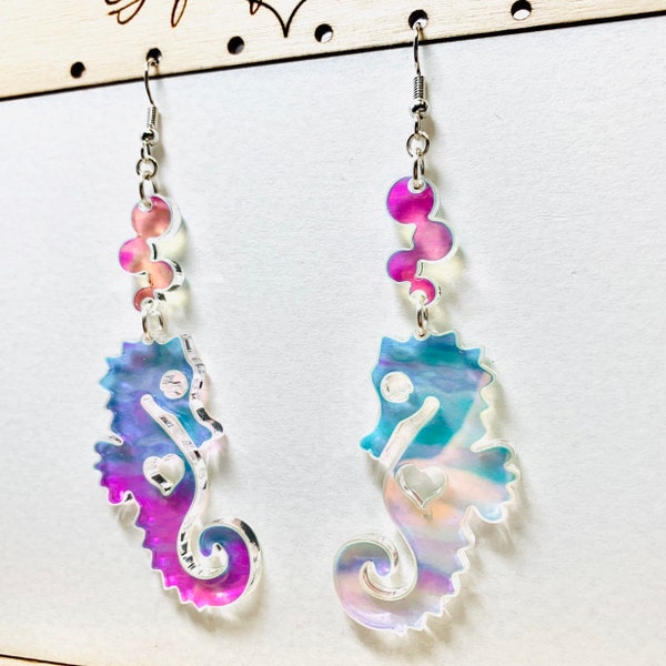 Iridescent seahorse acrylic Earrings, Laser Cut Rainbow Statement Earrings, Rainbow Statement Earrings