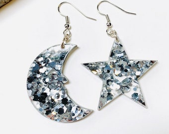 Mismatched Crescent Moon and Star Acrylic Earrings, Silver Glitter Celestial Earrings, Pierced or Clip-on