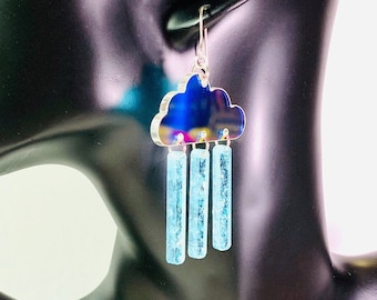 Schillernde Wolke und Regen Ohrringe, Glitter Acryl Statement Ohrringe oder Clip-on