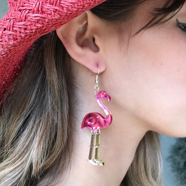 Pink Flamingo Statement Acrylic Earrings with Dangling Legs, Chic Boho Earrings, Tropical Earrings, Bird Earrings, Gift for Her