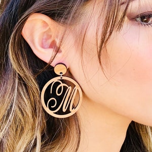 Personalized Laser Cut Wood Earrings, Initials Hoop Dangle Earrings, Alphabets Letters Statement Earrings with Sterling Silver Posts