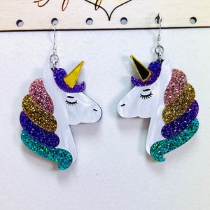 Unicorn Rainbow Glitter Acrylic Earrings, Fantasy Mystical Statement Earrings, Pierced or Clip-on