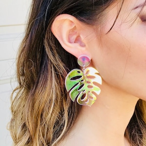 Iridescent Acrylic Earrings, Laser Cut Monstera Leaf Dangle Earrings, Rainbow Statement Earrings with Sterling Silver Posts