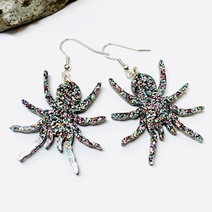 Creepy Crawly Spider Acrylic Earrings, Rainbow Glitter Halloween Earrings Pierced or Clip-on
