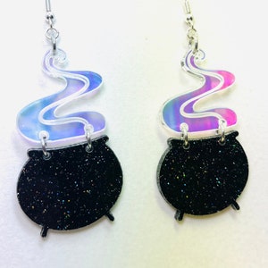 Black Cauldron Acrylic Earrings, Black Glitter Halloween Earring, Iridescent Statement Earrings Pierced or Clip-on(2 sizes)