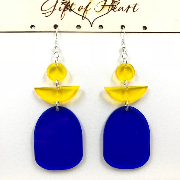 Blue and Yellow Geometric Acrylic Earrings, Statement Earrings Pierced or Clip-on