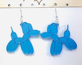 Blue Balloon Dog Acrylic Earrings, Unique Statement Earrings Pierced or Clip-on