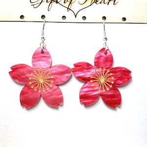 Pink Cherry Blossom Flower Acrylic Earrings, Sakura Floral Statement Earrings Pierced or Clip-on