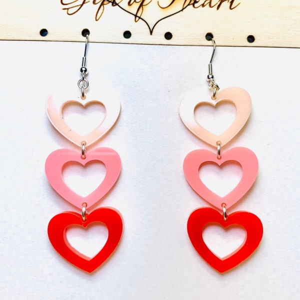 String of Hearts Acrylic Earrings, Red and Pink Valentines Day Love Statement Earrings Pierced or Clip-on