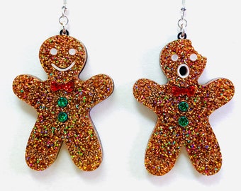 Mismatched Gingerbread Men Acrylic Earrings, Glitter Holiday Statement Earrings, Pierced or Clip-on