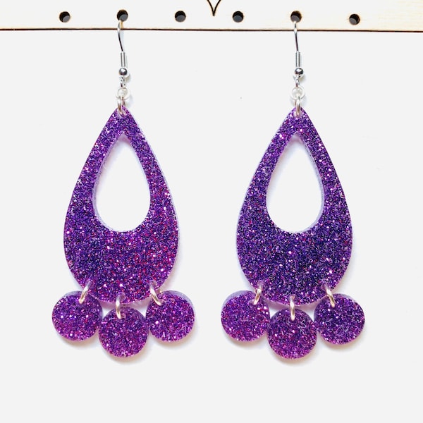 Purple Glitter Teardrop Earrings, Chandelier Statement Earrings Pierced or Clip-on