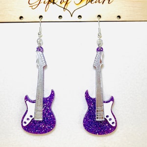 Purple Electric Guitar Acrylic Earrings, Musical Instrument Statement Earrings, Rock Band Concert Festival Pierced or Clip-on