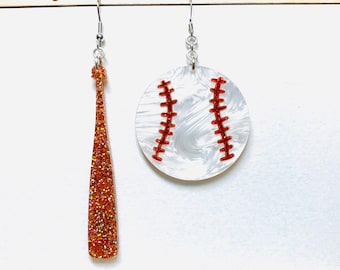 Mismatched Baseball and Bat Glitter Earrings, Sports Acrylic Statement Earrings Pierced or Clip-on