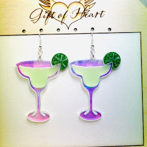 Iridescent Margaritas with Lime Acrylic Earrings, Food Cocktail Statement Earrings Pierced or Clip-on