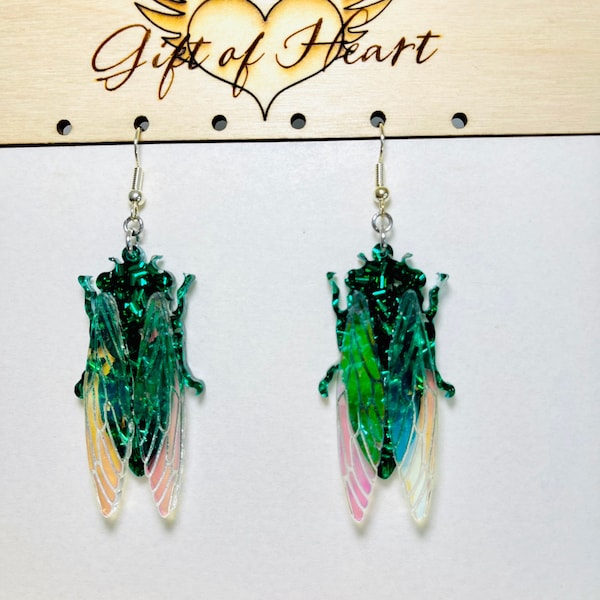 Green Cicadas Glitter Acrylic Earrings, Bug Statement Earrings, Insect Earrings Pierced or Clip-on
