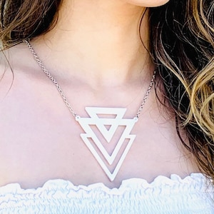 White Triangle Geometric Statement Necklace, Laser Cut Acrylic Necklace with Stainless Steel Chain