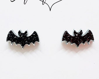 Black Bat Stud Earrings, Black Glitter Acrylic Earrings, Halloween Bats Earrings with Sterling Silver Posts