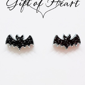 Black Bat Stud Earrings, Black Glitter Acrylic Earrings, Halloween Bats Earrings with Sterling Silver Posts