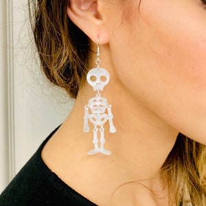Wiggling Skeleton Acrylic Earrings, White Statement Earrings, Scary Earrings Pierced or Clip-on