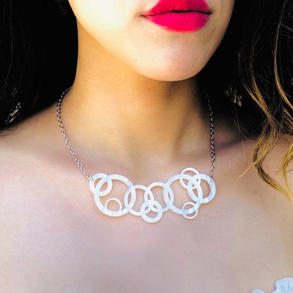 White Circles Geometric Statement Necklace, Laser Cut Acrylic Necklace with Stainless Steel Chain