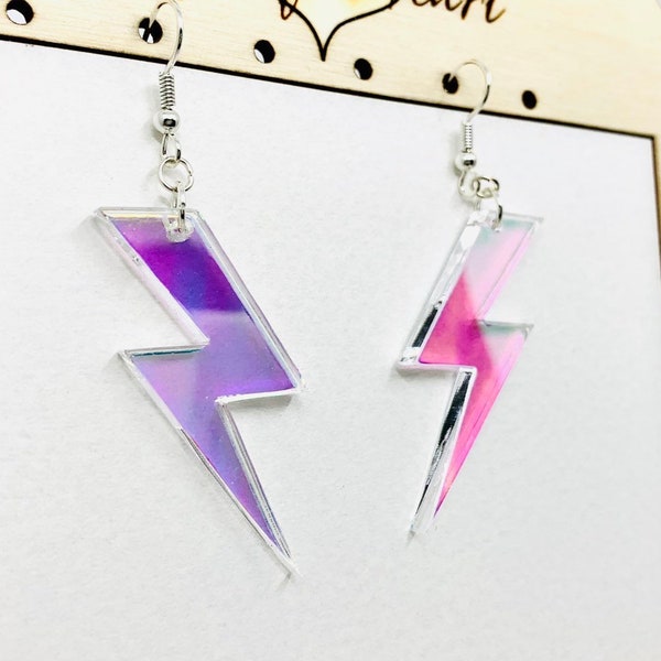 Iridescent Lightning Bolt Earrings, Rainbow Statement Earrings, Thunderbolt Earrings Pierced or Clip-on, Weather Earrings