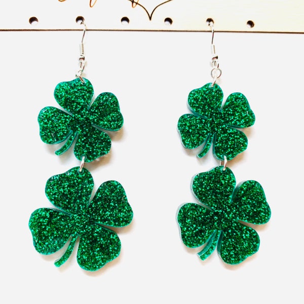 Green Glitter Double Shamrock Acrylic Earrings, St. Patrick's Day Four Leaf Clover Statement Earrings, Lucky Earrings