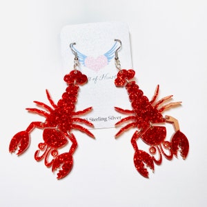 Red Glitter Lobster Acrylic Earrings, Wiggling Lobster Statement Earrings, Pierced or Clip-on