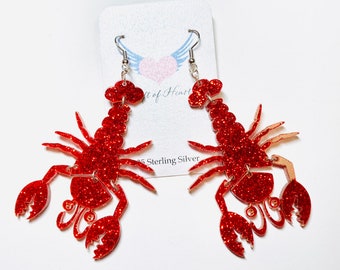 Boucles d'oreilles acryliques homard scintillant rouge, boucles d'oreilles homard agitant, percées ou à clipser