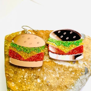 Hamburger Glitter Acrylic Earrings, Burger Food Statement Earrings Pierced or Clip-on