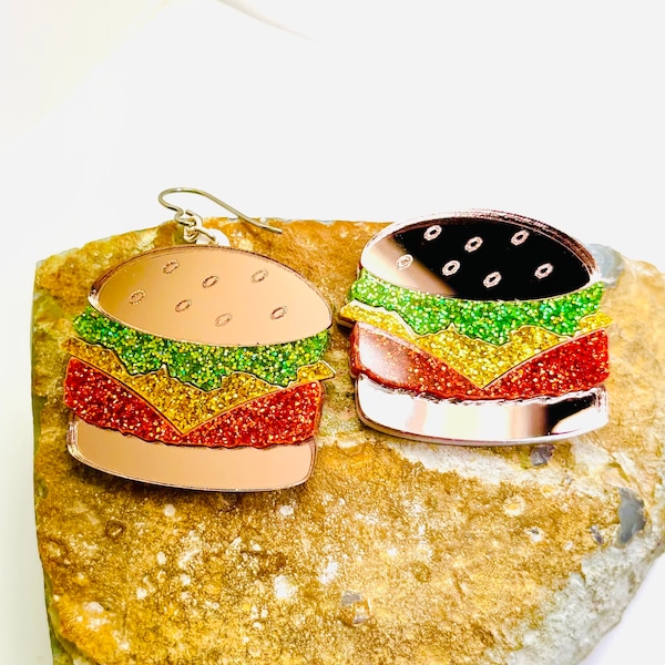 Hamburger Glitter Acrylic Earrings, Burger Food Statement Earrings Pierced or Clip-on