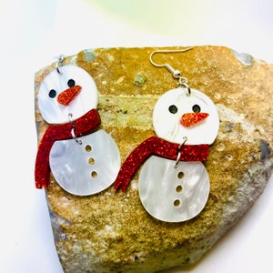 Wiggling Snowman Acrylic Earrings, Winter Holiday Statement Earrings Pierced or Clip-on