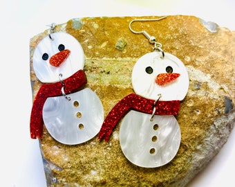 Wiggling Snowman Acrylic Earrings, Winter Holiday Statement Earrings Pierced or Clip-on