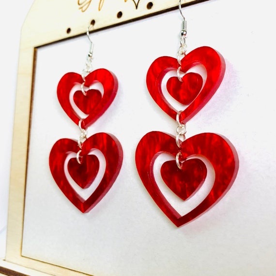 Ready to Ship Red Glitter Heart Valentines Resin Acrylic Statement Dangle Earrings
