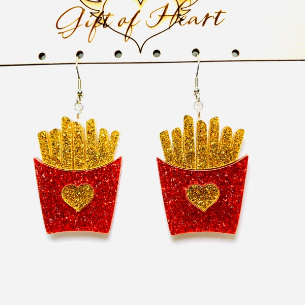 Red and Gold French Fries Acrylic Earrings, Food Glitter Statement Earrings Pierced or Clip-on