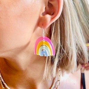 Pastel Rainbow Acrylic Earrings, Frosted Pink Yellow Green Blue Statement Earrings, Pride Earrings Pierced or Clip-on