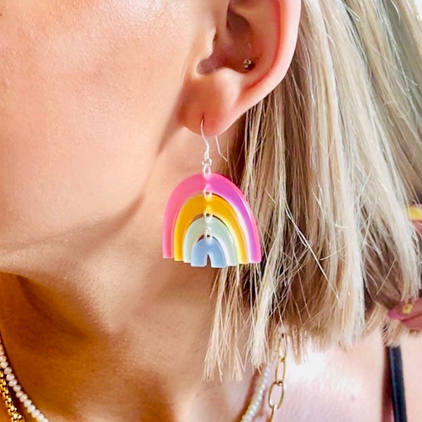 Pastel Rainbow Acrylic Earrings, Frosted Pink Yellow Green Blue Statement Earrings, Pride Earrings Pierced or Clip-on