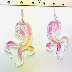 Iridescent Octopus Tentacles Earrings, Laser Cut Acrylic Earrings, Rainbow Statement Earrings, Chic Boho Earrings Pierced or Clip on
