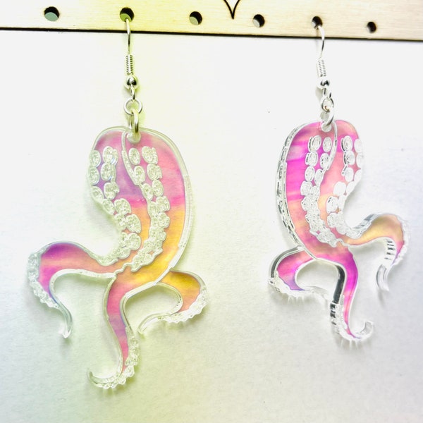 Iridescent Octopus Tentacles Earrings, Laser Cut Acrylic Earrings, Rainbow Statement Earrings, Chic Boho Earrings Pierced or Clip on