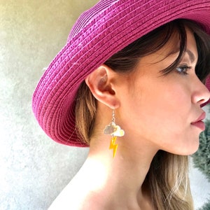 Iridescent Acrylic Earrings Cloud & Lightning Bolt Dangle Weather Earrings, rainbow Reflective Storm Statement Earrings Pierced or Clip-on