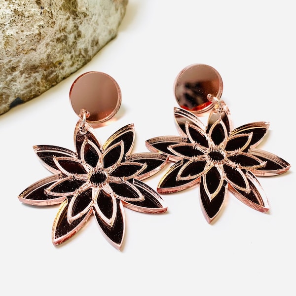 Laser Cut Rose Gold Flower Acrylic Earrings, Floral Statement Earrings with Sterling Silver Posts