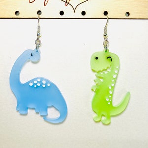 Kawaii Dinosaurs Acrylic Earrings, T Rex Brontosaurus Frosted Green and Blue Statement Earrings, Pierced or Clip-on