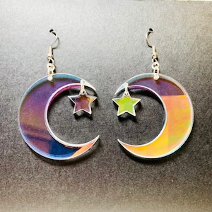 Iridescent Acrylic Crescent Moon Earrings, Laser Cut Acrylic Earrings, Rainbow Statement Earrings, Chic Boho Earrings, Original Design