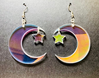 Iridescent Acrylic Crescent Moon Earrings, Laser Cut Acrylic Earrings, Rainbow Statement Earrings, Chic Boho Earrings, Original Design