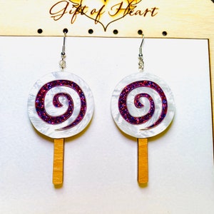 White Lollipop Swirl Acrylic Earrings, Candy Statement Earrings Pierced or Clip-on