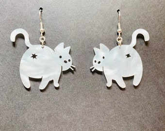 Cheeky Cat Acrylic Earrings, Laser Cut White Cat Acrylic Statement Earrings, Cat Earrings, Cat Lover Gift