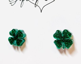 Lucky Clover Acrylic Stud Earrings, St. Patrick's Day Green Glitter Acrylic Earrings with Sterling Silver Posts
