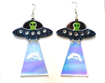 Glitter UFO Acrylic Earrings with Beam, Green Alien Flying Saucer Earrings Pierced or Clip-on
