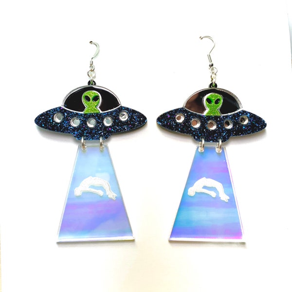 Glitter UFO Acrylic Earrings with Beam, Green Alien Flying Saucer Earrings Pierced or Clip-on