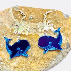 Laser Cut Kawaii Blue Whale Acrylic Earrings, Ocean Animal Statement Earrings, Original Design by Me